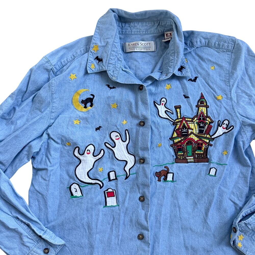 Vtg Karen Scott Halloween Denim Button Up Halloween Shirt Sz Medium